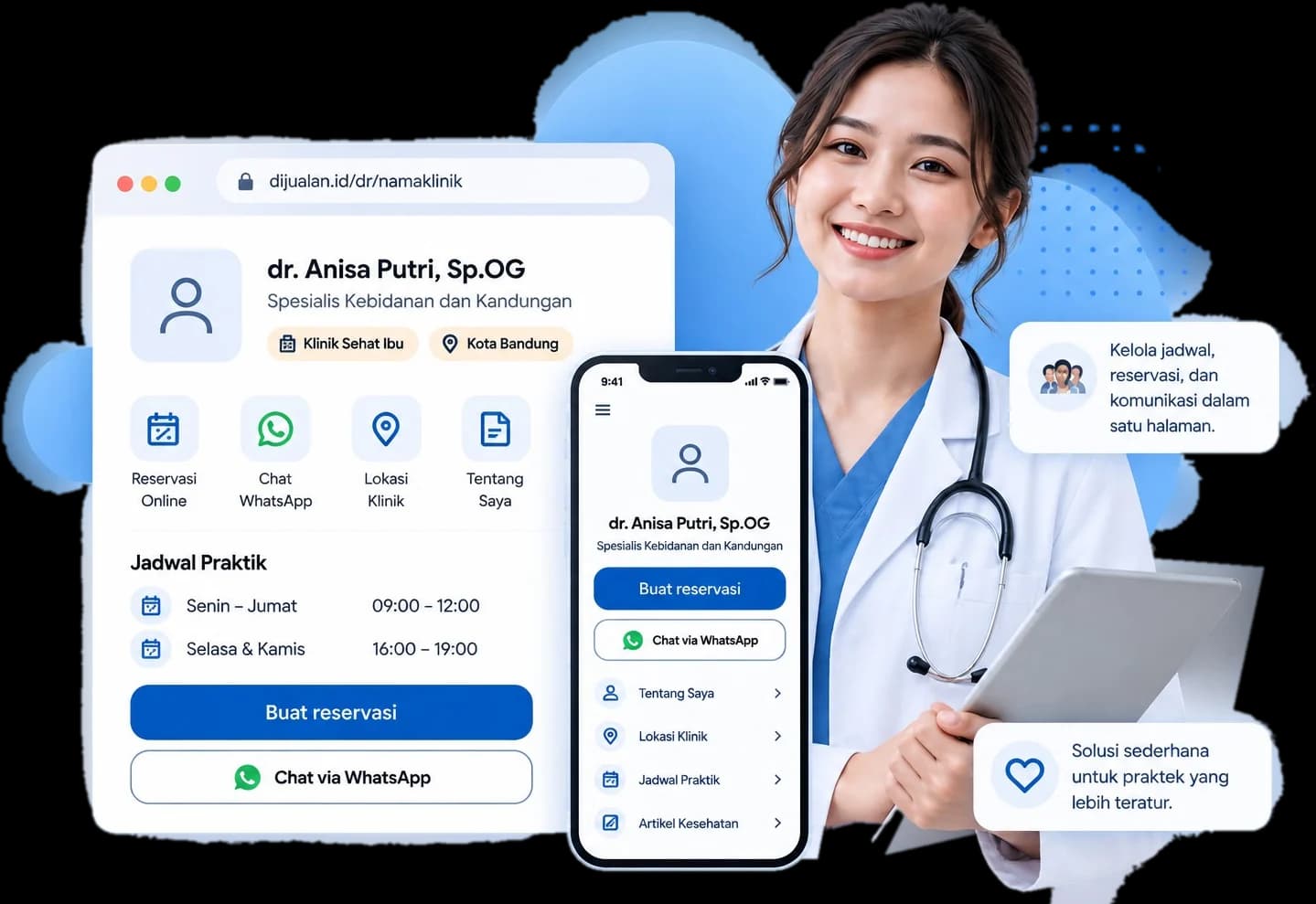 Contoh halaman praktik dokter Djualan di layar desktop dan ponsel: profil dokter, jadwal praktik, tombol reservasi, dan tombol WhatsApp.